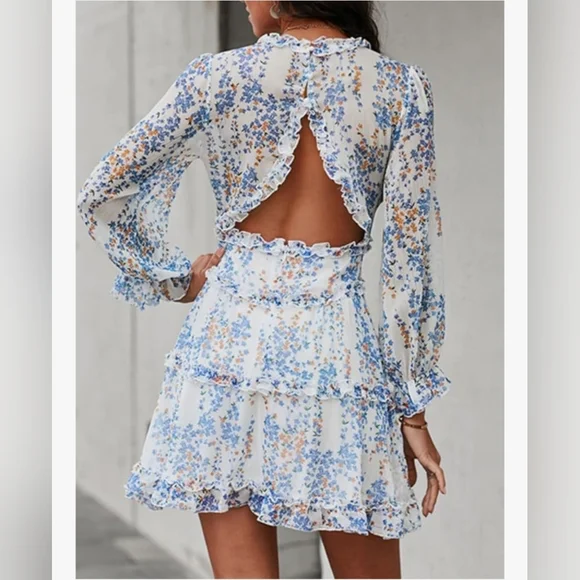 Sold In Live Show- Floral Blue and White Ruffle V' Neck Women's Backless Dress - Picture 5 of 5